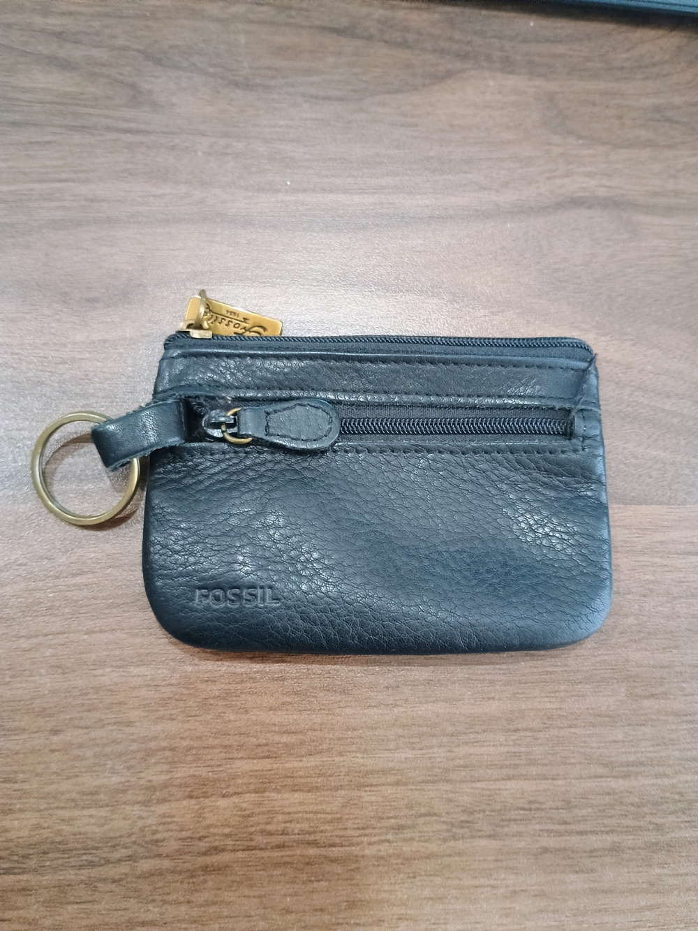 Fossil Black Leather Key & Card Holder with Brass Ring